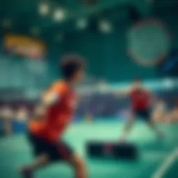 Dynamic badminton match in progress